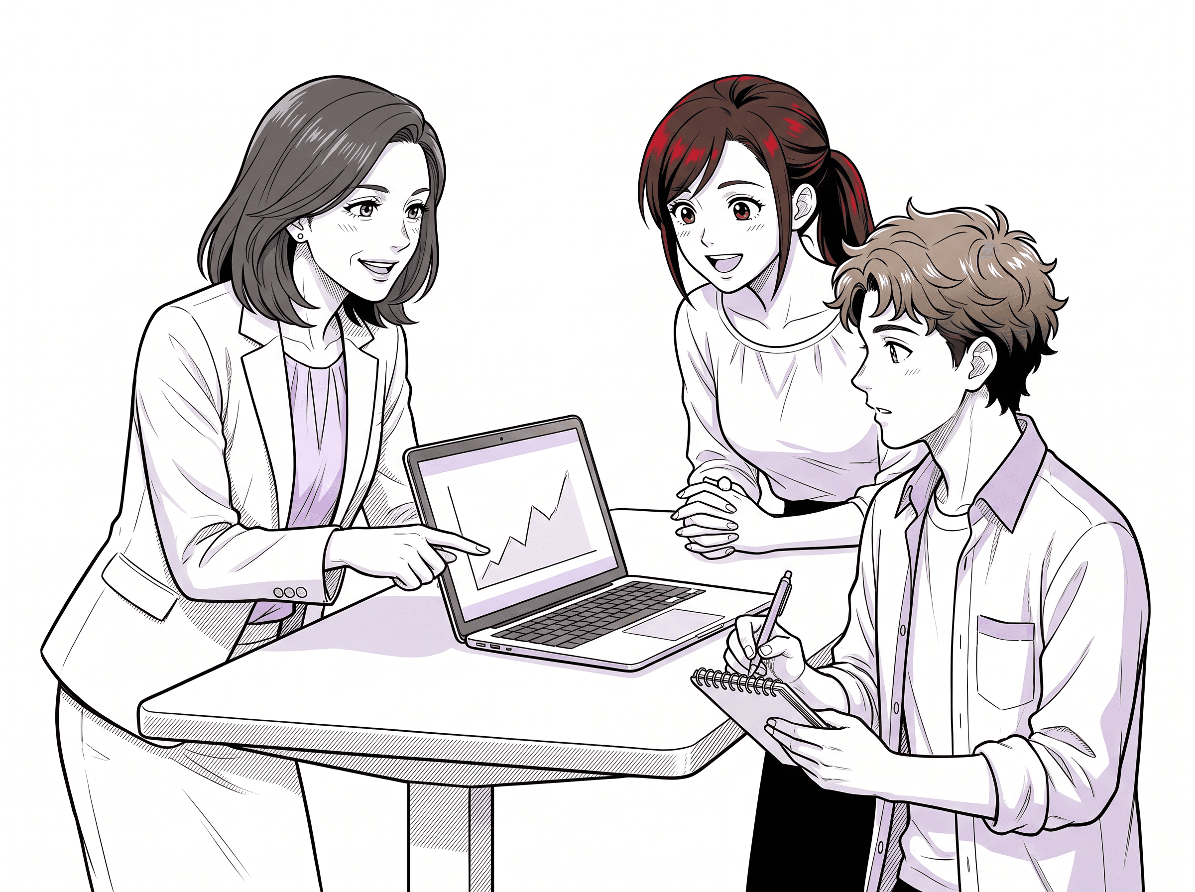 Manga-style illustration of colleagues working together around a laptop